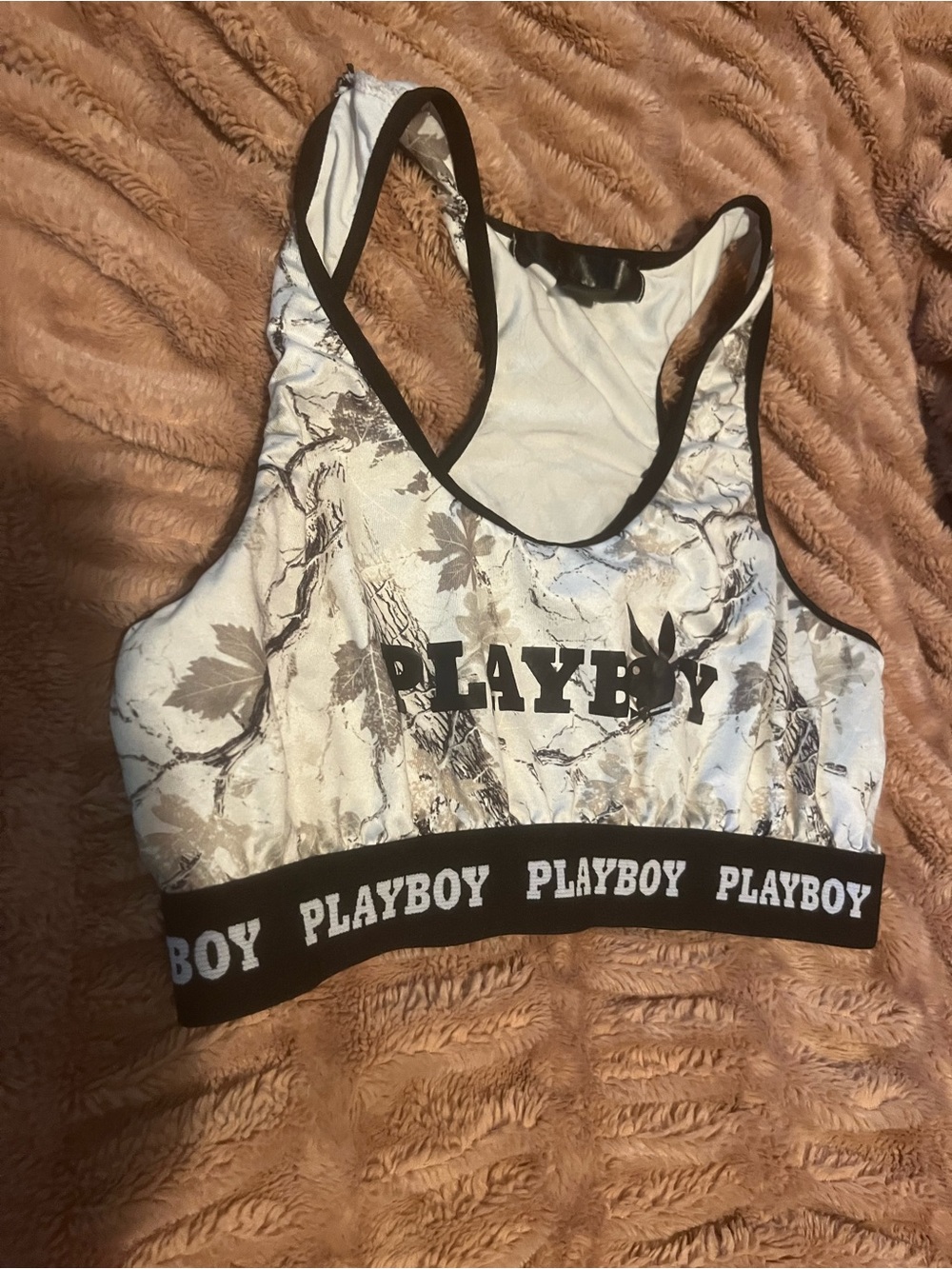 PLAYBOY White and Black Floral Logo Racerback Sports Bra